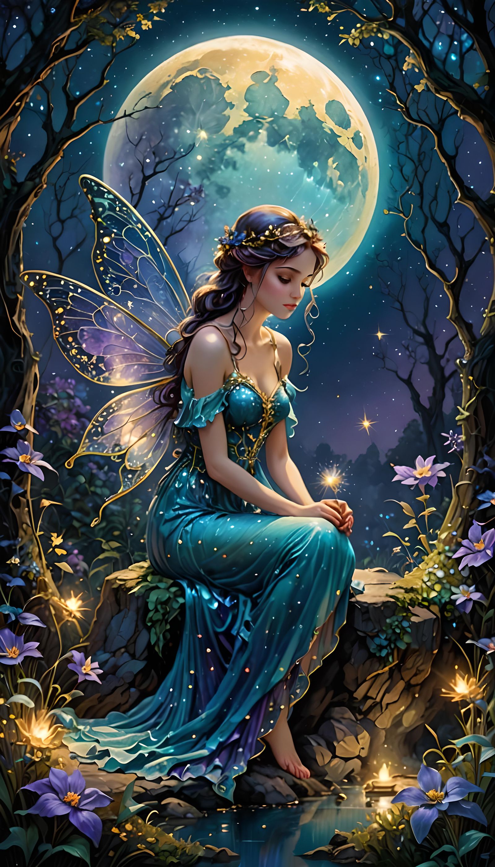 Sad Fairy Under Moon with Cerulean Sparkles