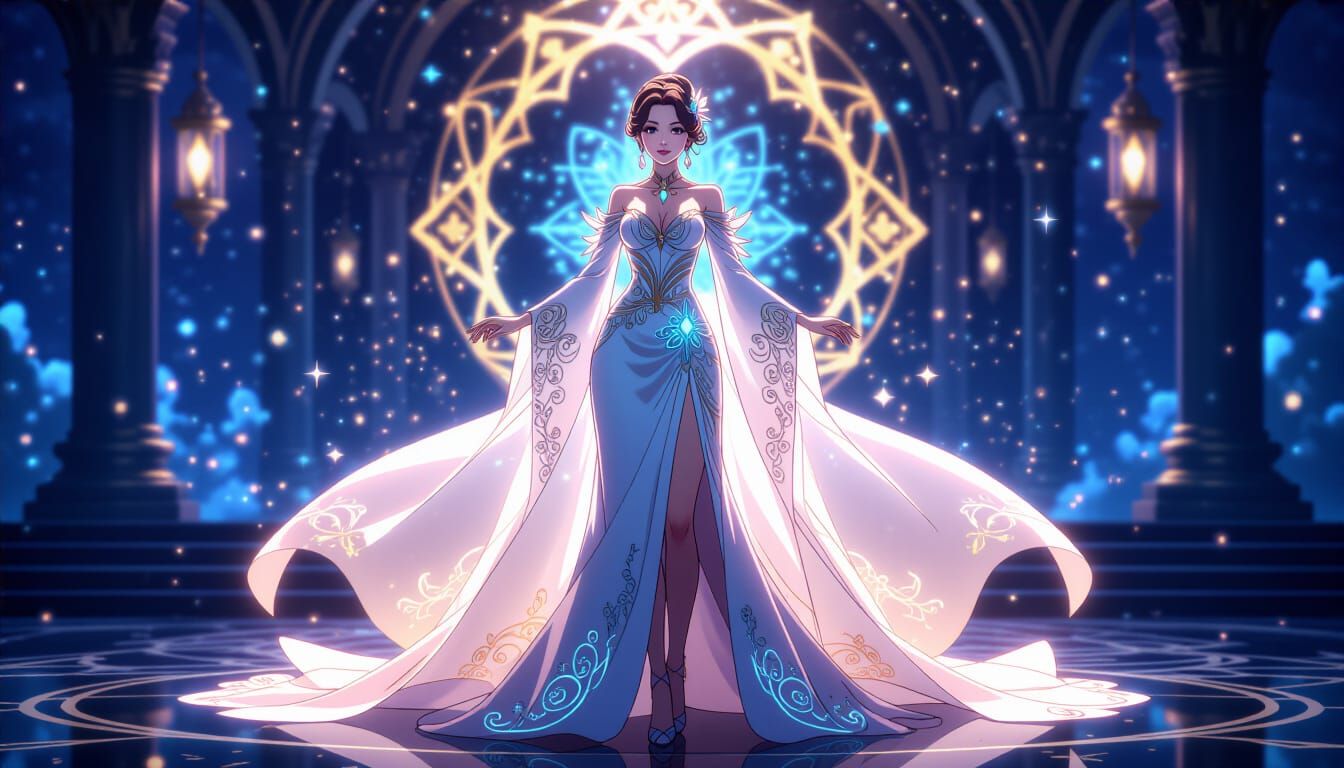 Elegant Anime Woman on Fantasy Stage with Magic