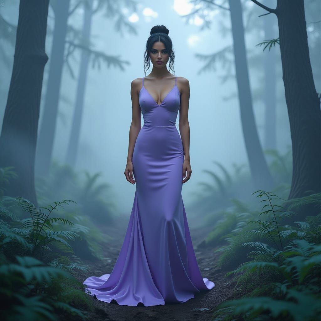 Woman in Lavender Latex in Misty Forest