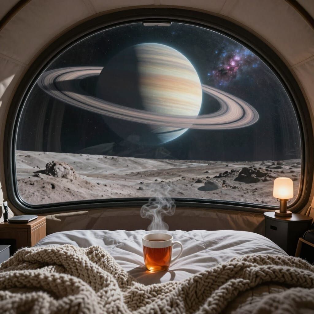 Luxury Glamping Pod on Alien Moon with Ringed Planet View