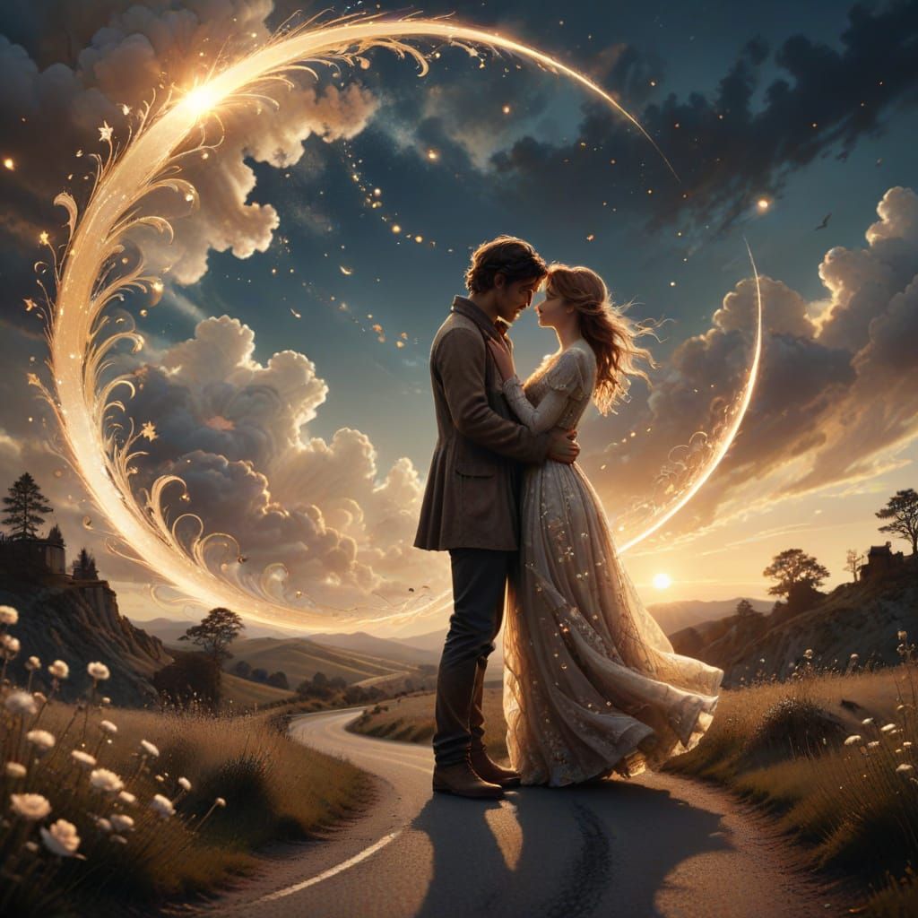 Romantic Couple Embracing Under Ornamental Clouds