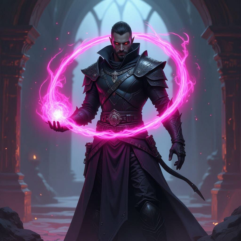 Male Drow Warlock in Black Armor with Hotpink Aura