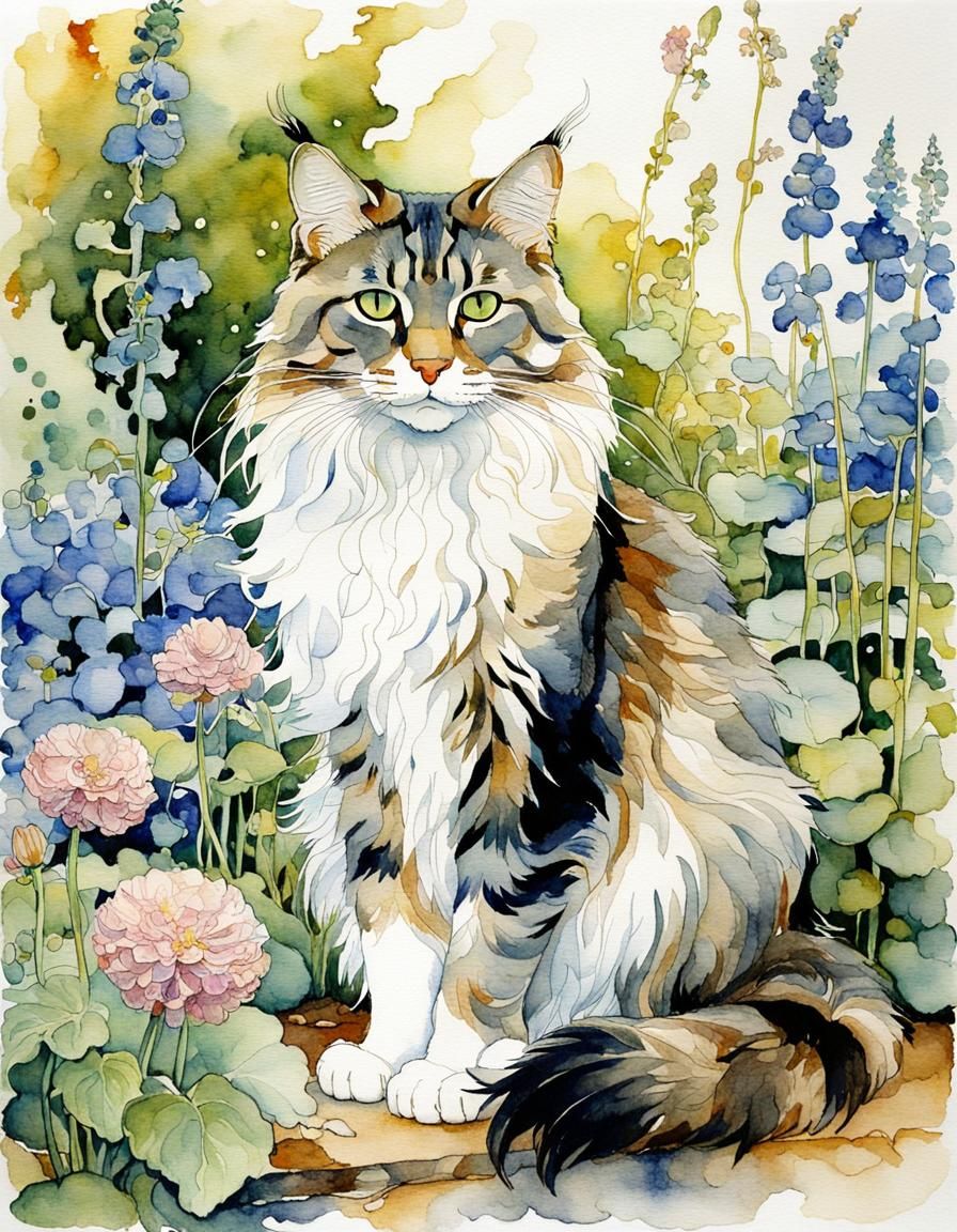 Maine Coon in Garden: Watercolor Art Nouveau Style