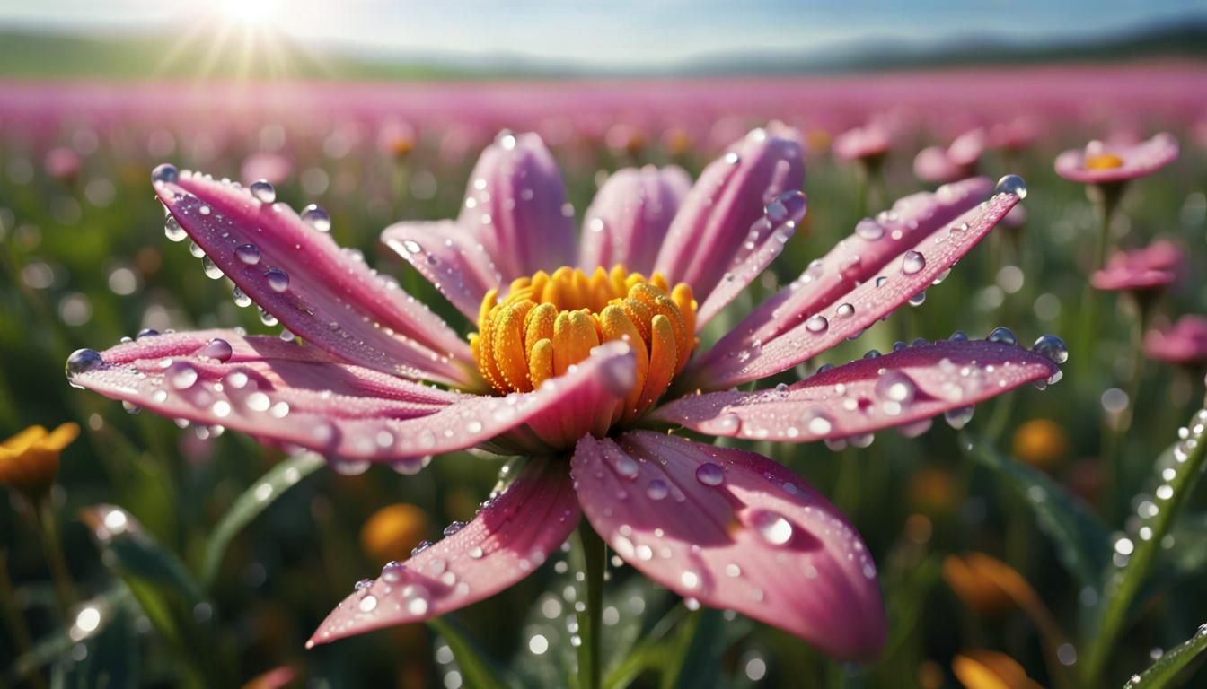 Dew-Covered Flower in Sunny Field: Realistic 64K View