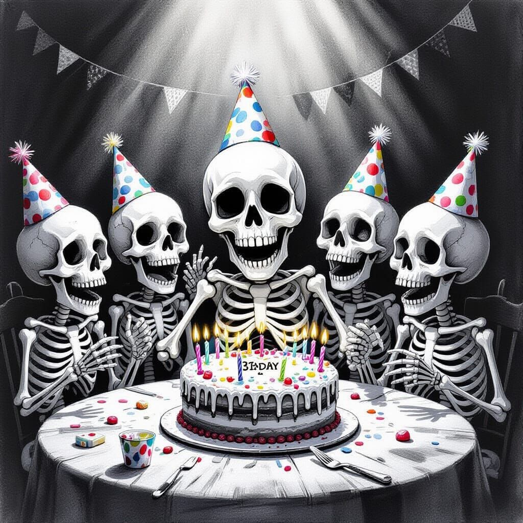 Skeleton Birthday Party Charcoal Drawing