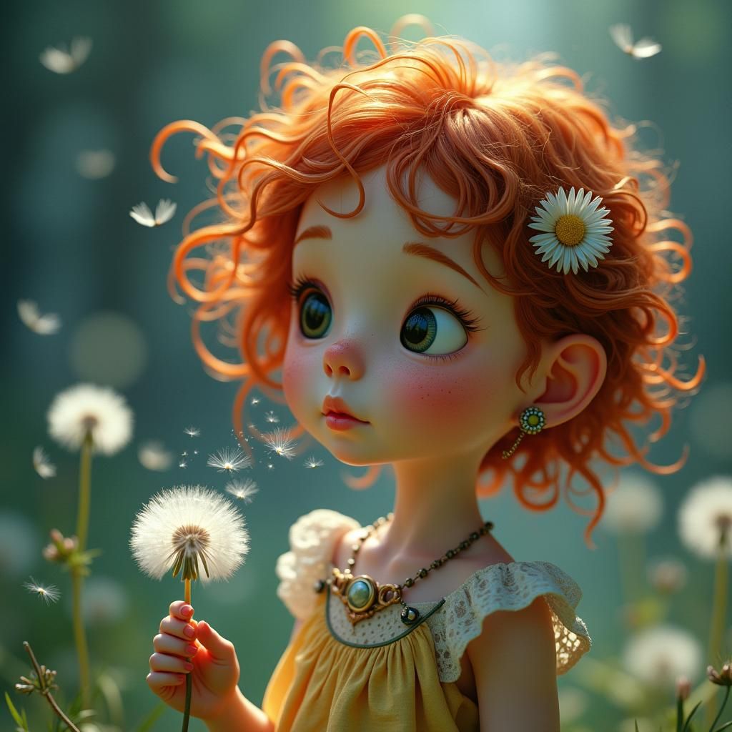 Whimsical Redhead and Dandelion Wishes, Fantasy Art