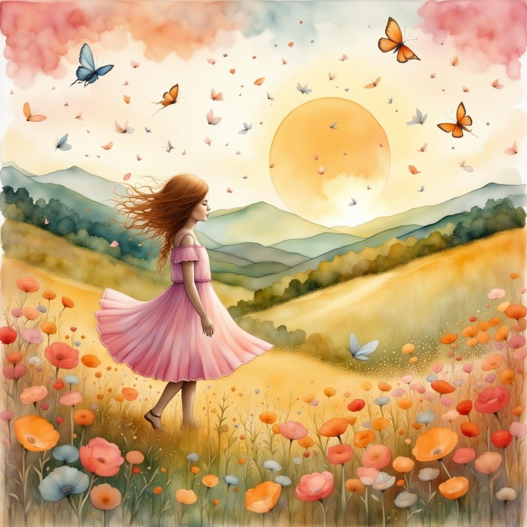 Girl Chasing Butterflies in Dreamlike Watercolor Field