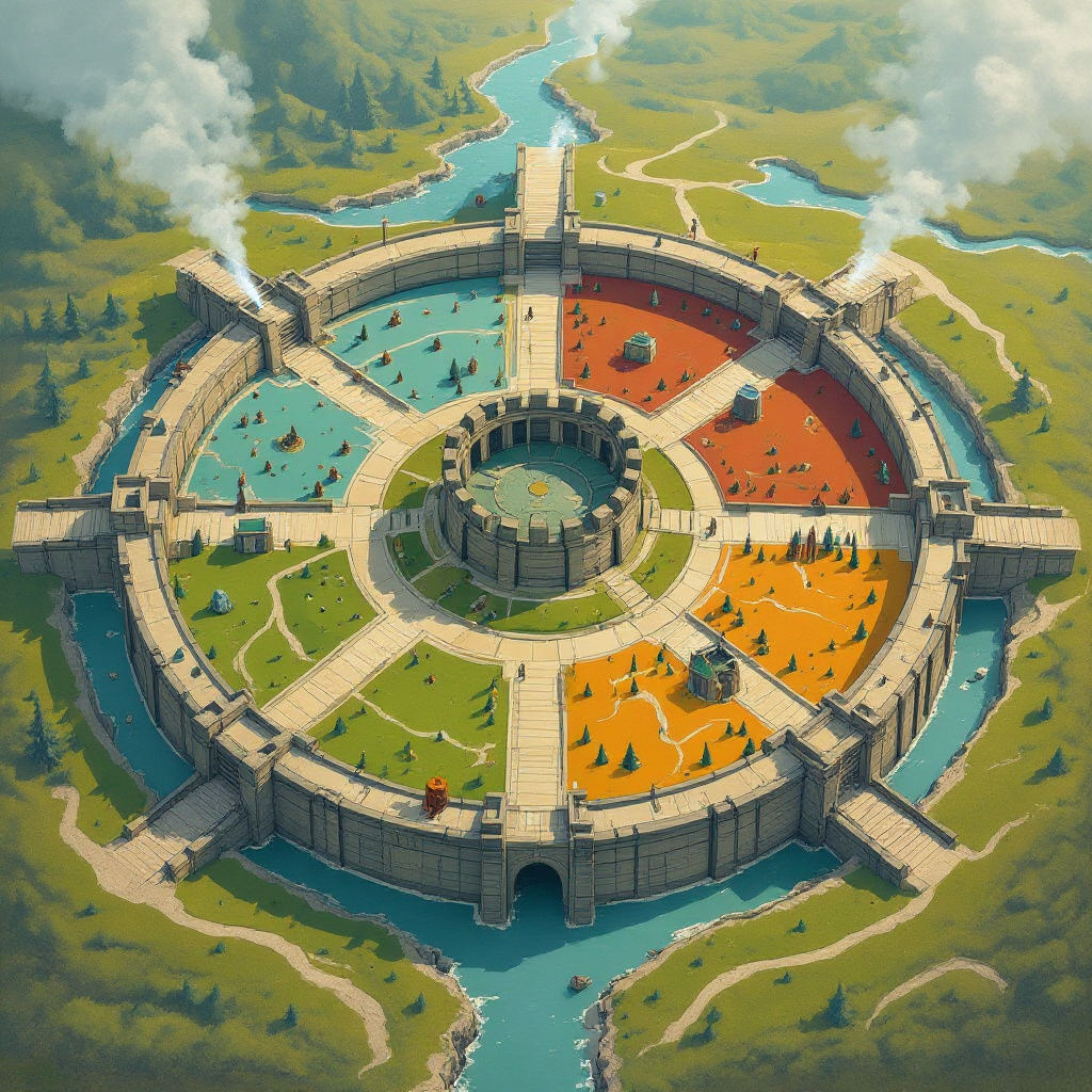 Four Kingdoms on Circular Land: Top-Down View