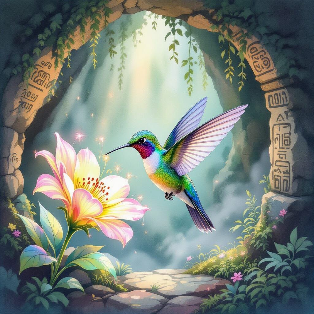 Bioluminescent Hummingbird in Whimsical Watercolor Grotto