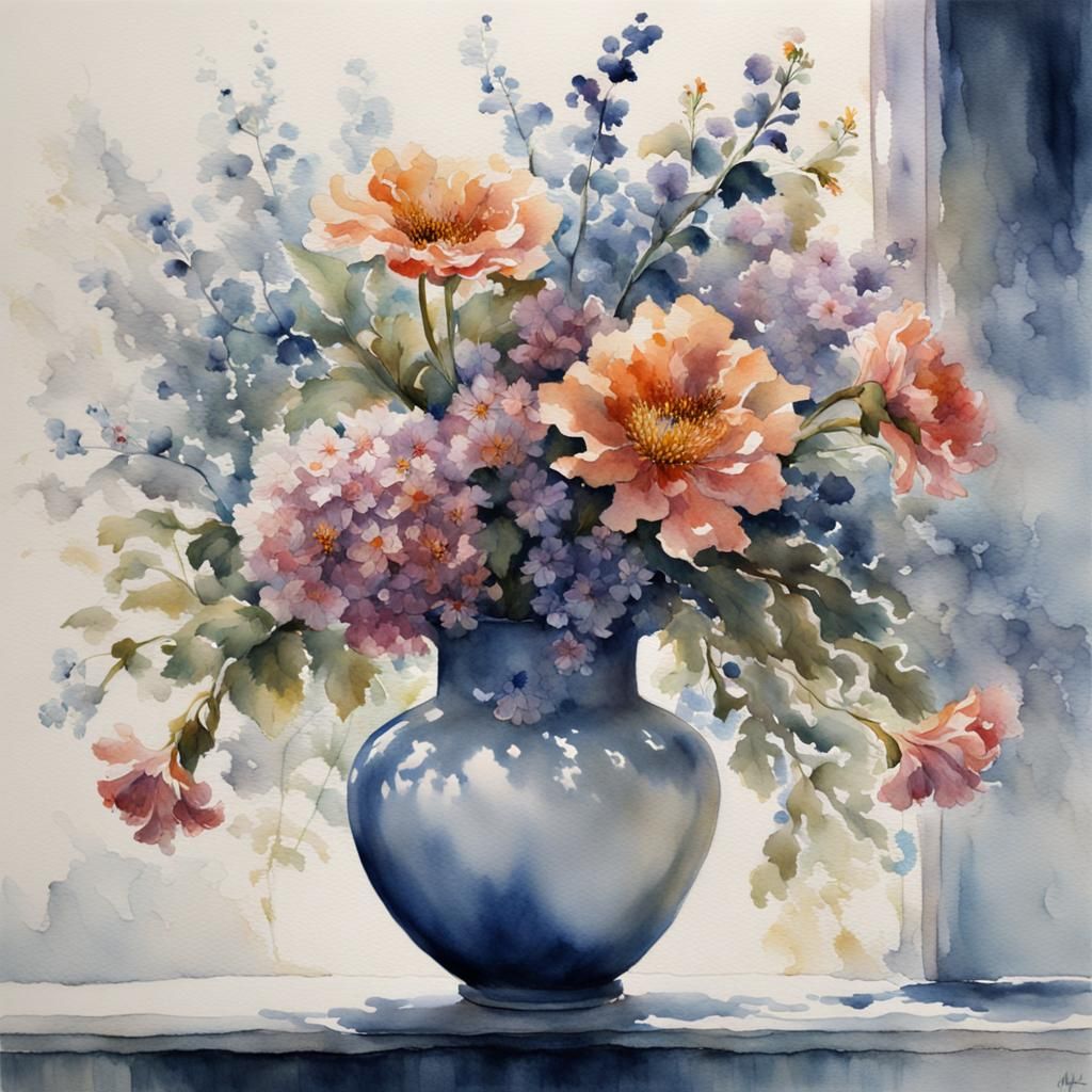 Ethereal Watercolor Vase with Flowers in 4D
