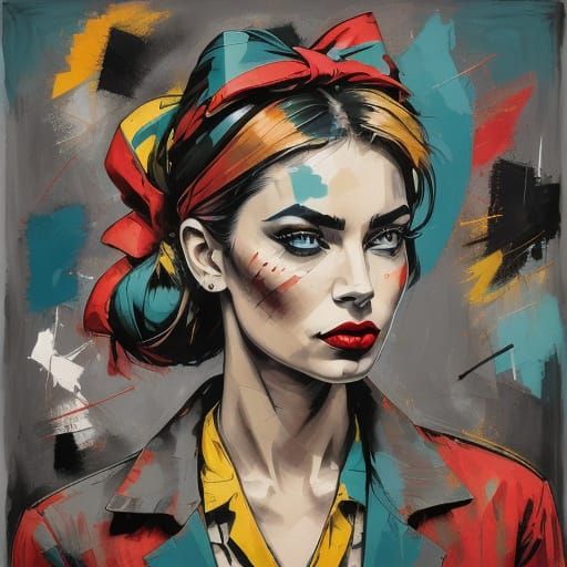 Woman with Blue Eyes and Red Lipstick in Colorful Attire