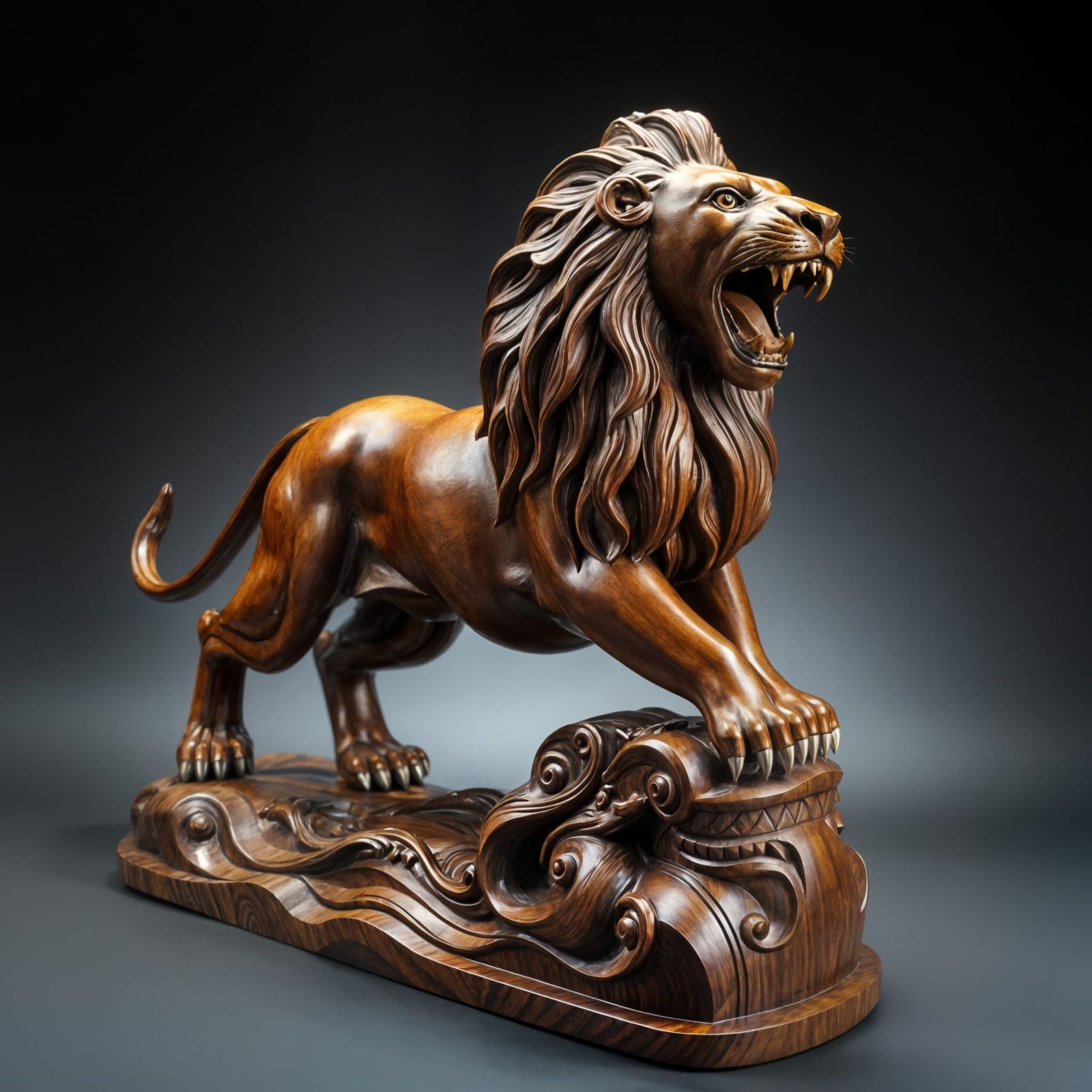 Mahogany Lion Sculpture Mid-Roar With Intricate Details