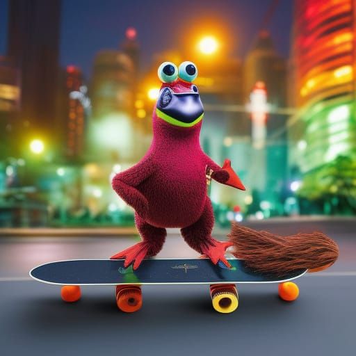 Anthropomorphic Frog with Mohawk on Skateboard