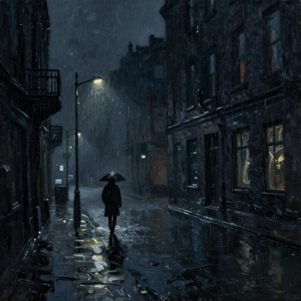 Melancholy Figure in Moody Impressionist City Night