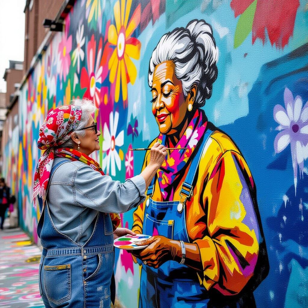 Elderly Woman Paints Mural in Vibrant Artistic Style