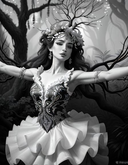 Ballerina and Tree Merge in Surreal Black and White