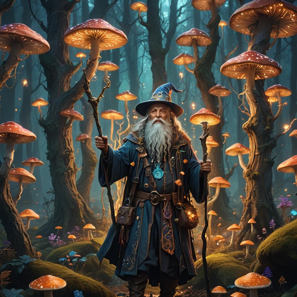 Wizard in Mystical Forest: Vibrant Fantasy Art