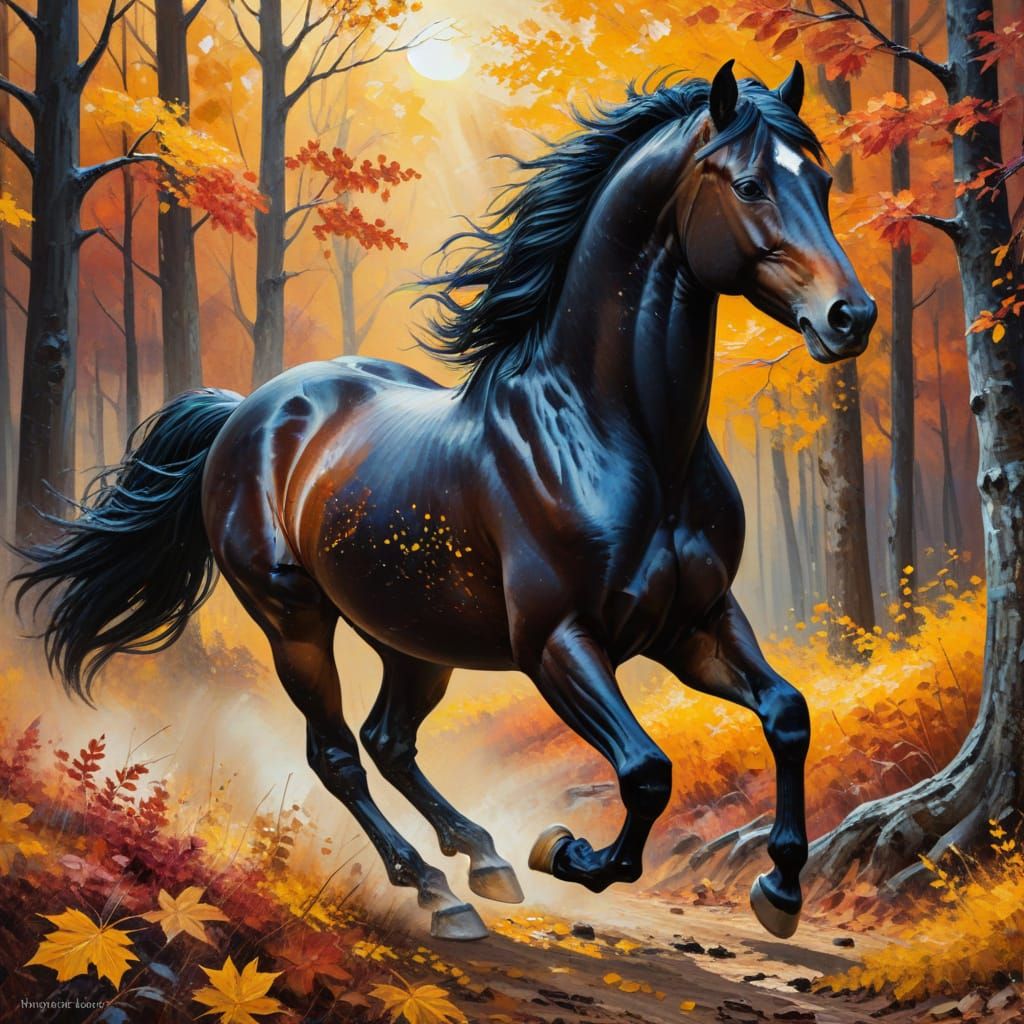 Black Stallion in Autumn Forest: Expressionist Oil Painting