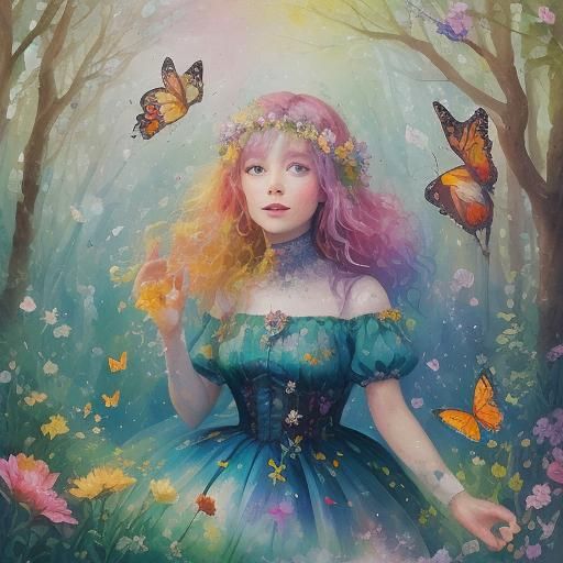 Whimsical Woman in a Forest, Splash Oil Painting