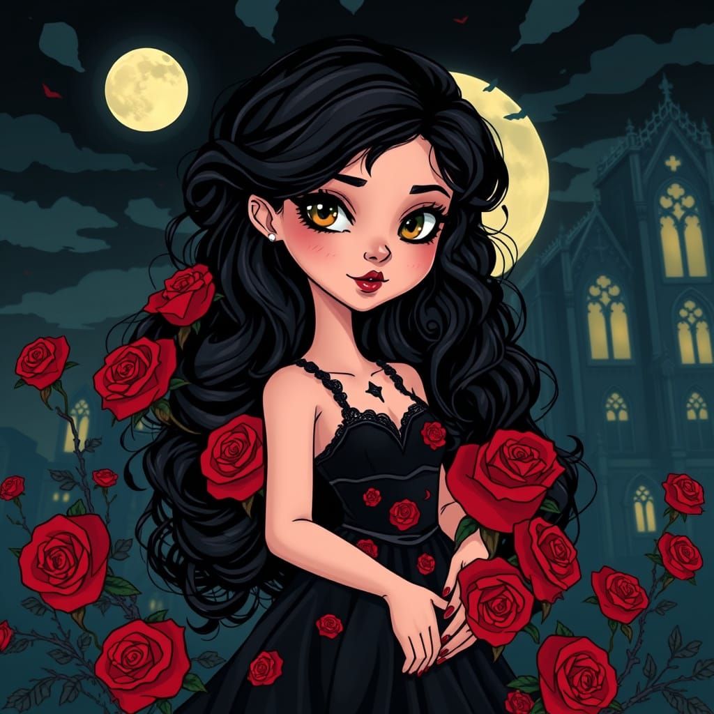 Whimsical Gothic Rose Girl in Vibrant Cartoon Style