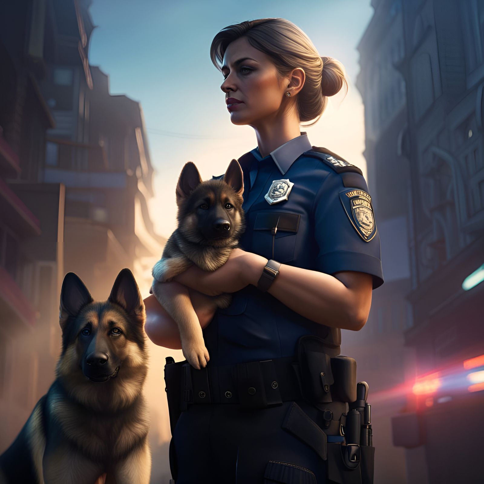 Police Officer and Puppy in Hyperdetailed Digital Art