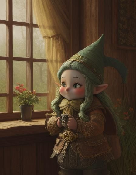 Gnome by Cottage: Matte Oil Painting