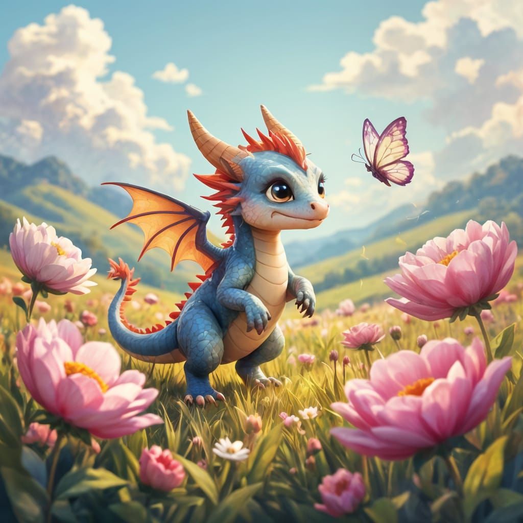 Baby Dragon Chases Butterfly in Fantastical Flower Field