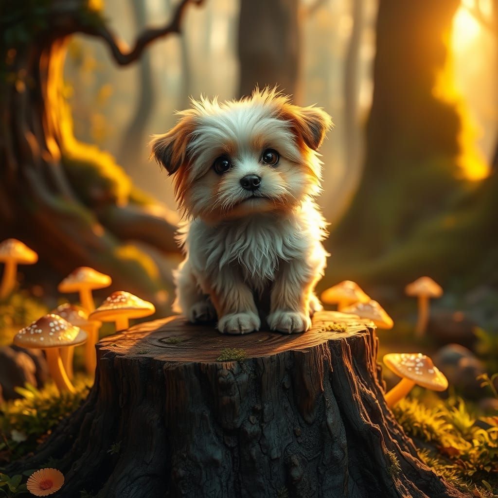 Whimsical Baby Dog in Enchanted Forest, Realistic Fantasy Ar...