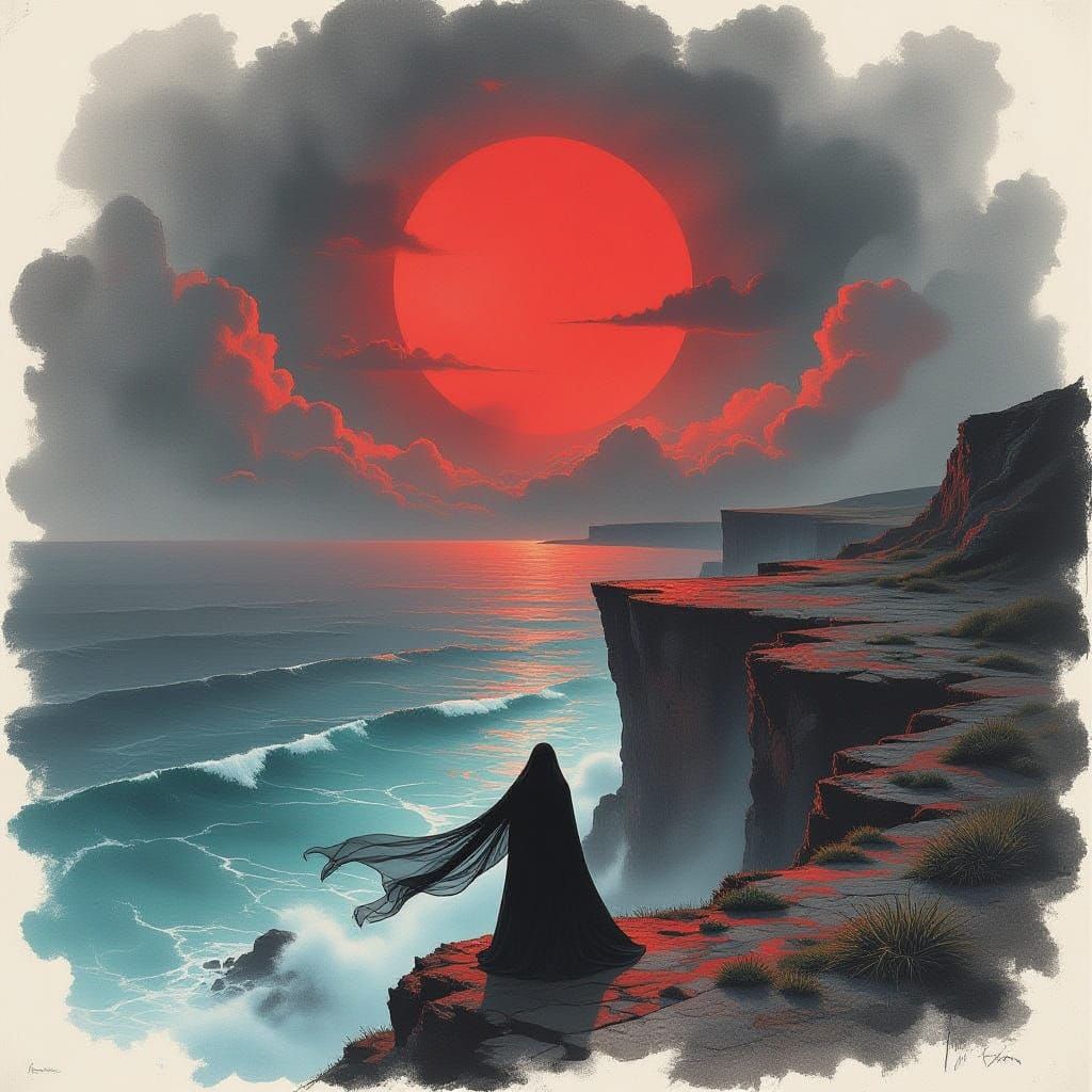 Twilight Landscape with Vermilion Sun and Cloaked Figure