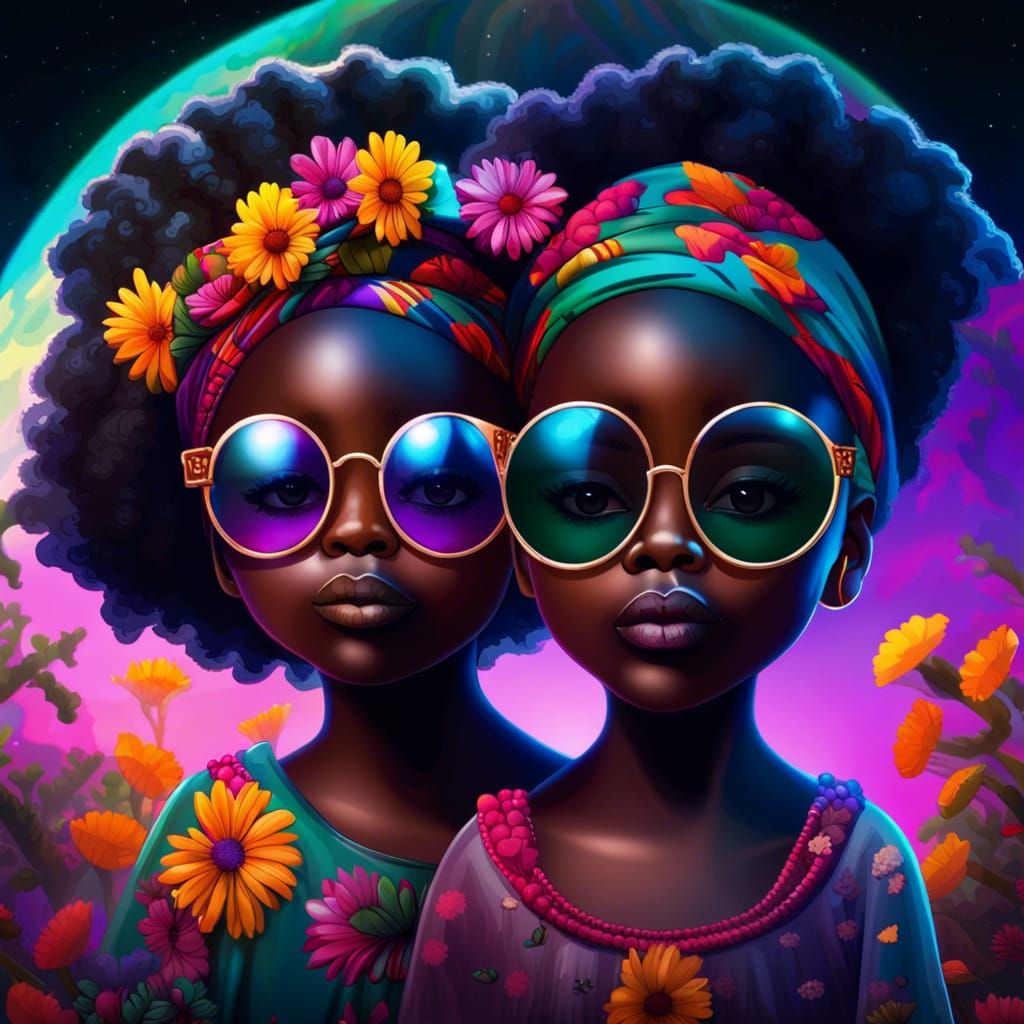 Imagine two beautiful black baby girls wearing see through sunglasses afro hair with African headwraps having fun under ...