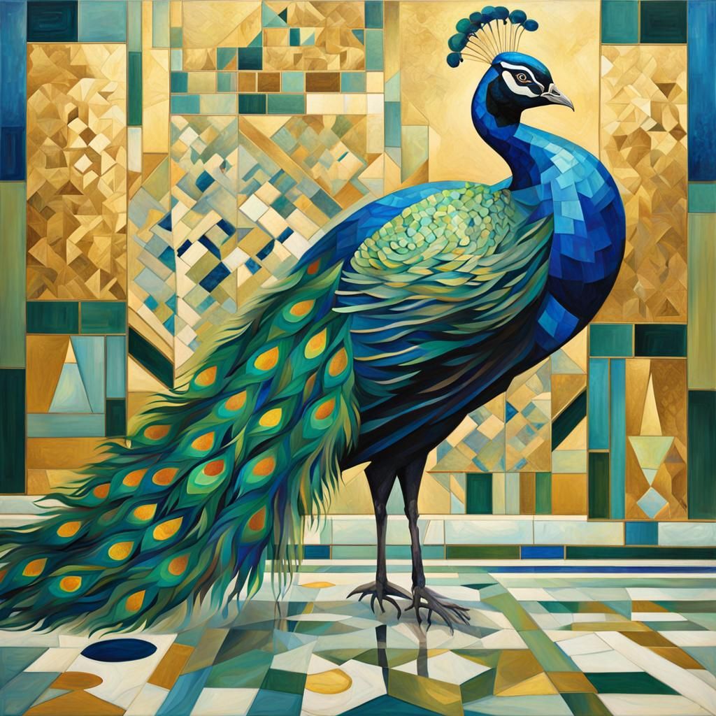 Geometric Peacock in Luxurious Room: Cubist Painting