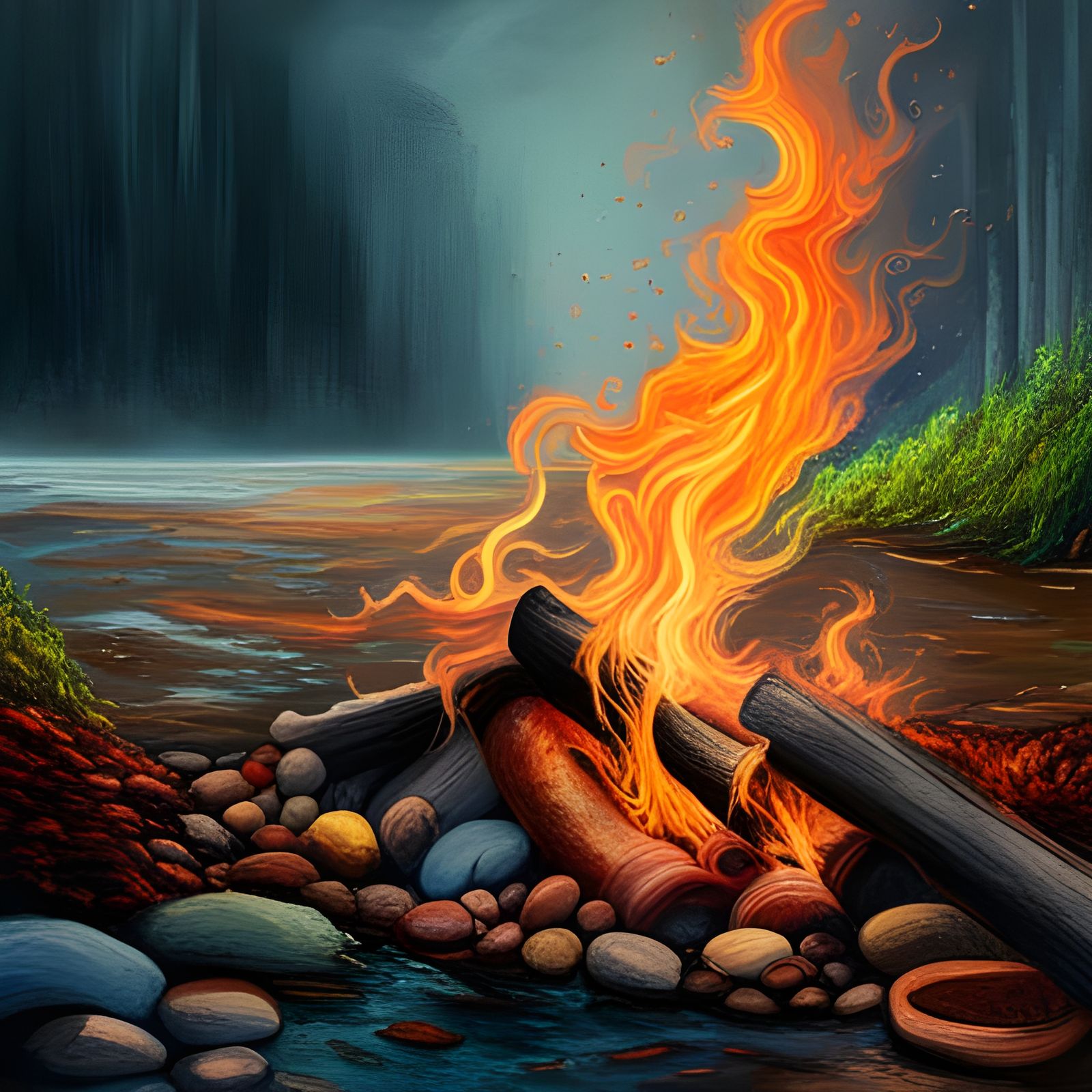 Abstract Campfire Scene in Rain with Vivid Colors