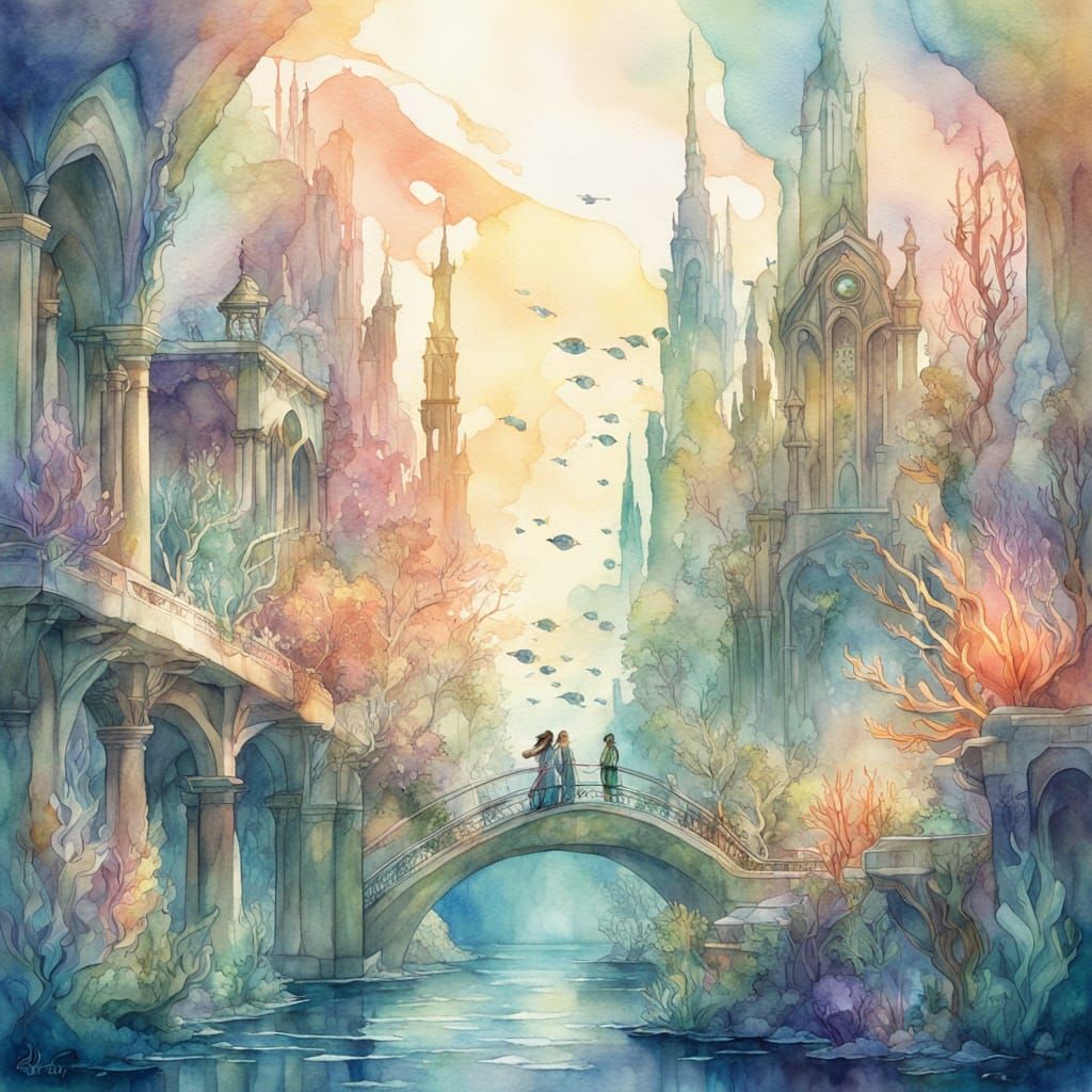 Enchanting Coral City of Merfolk in Watercolor Style