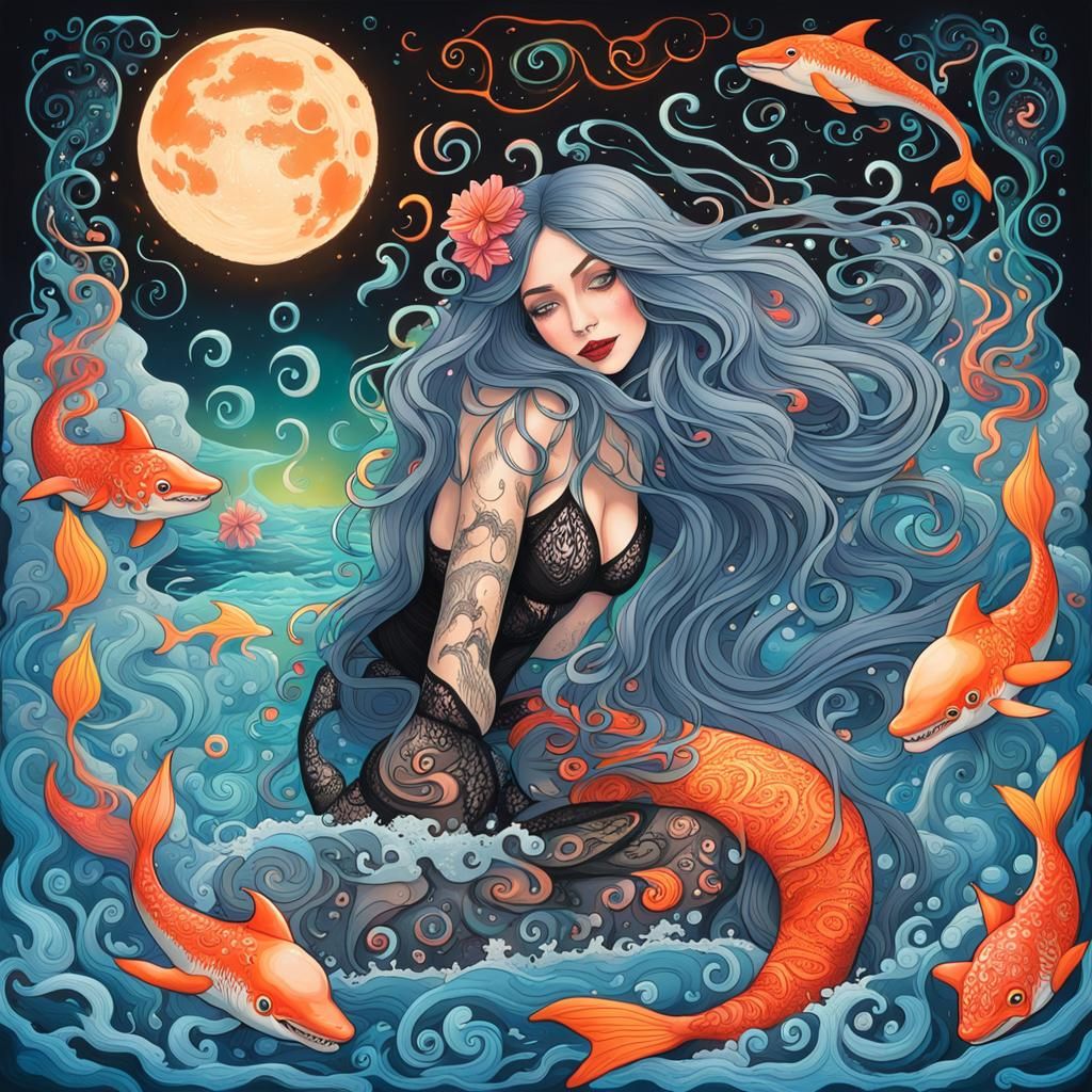 Surreal Candyland: Woman on Shark in Gouache Wonderland