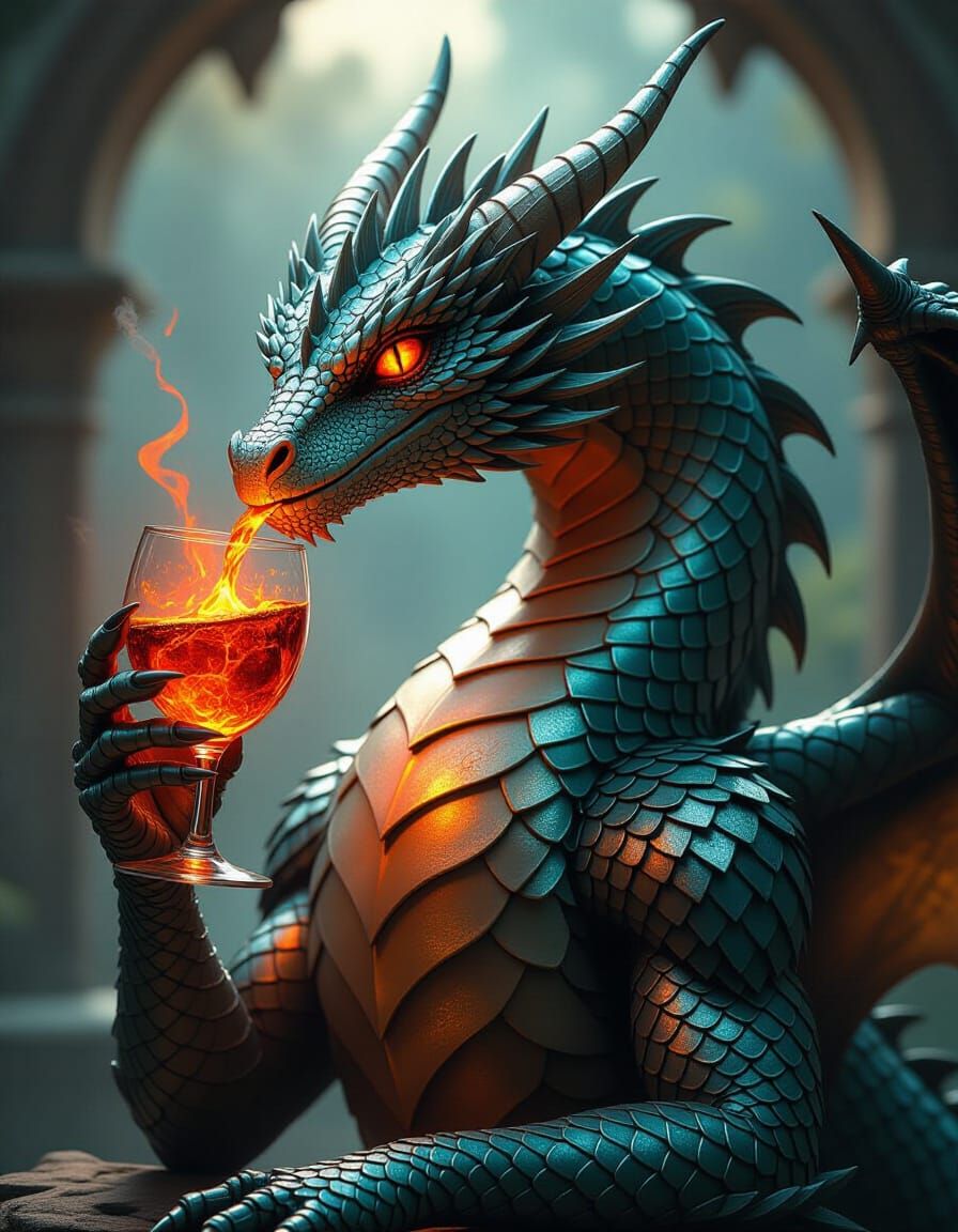 Dragon Sips Lava Wine in Hyperrealistic Fantasy Art