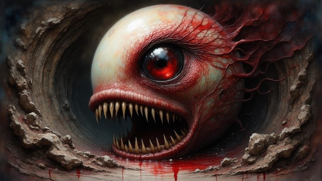 Menacing Eyeball with Jagged Teeth in Eerie Lighting