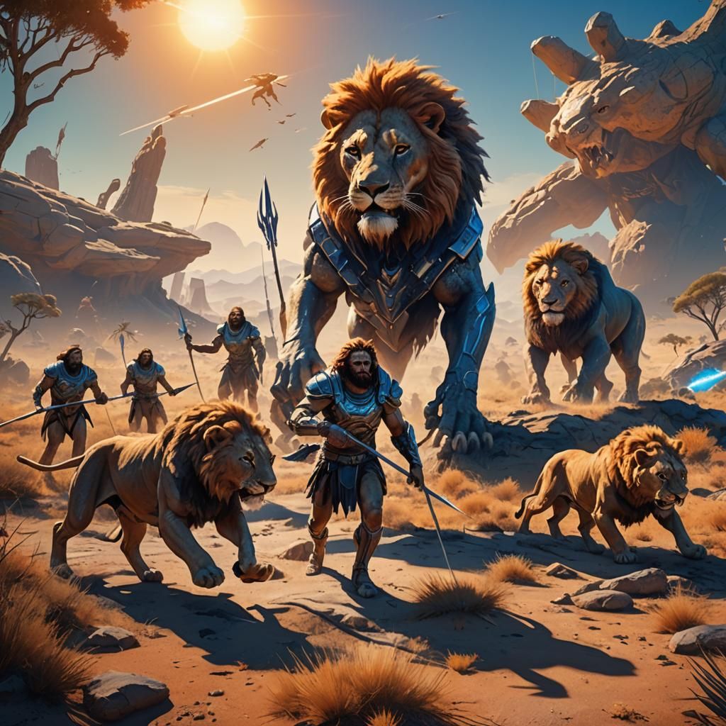 Futuristic Cavemen Hunt Cybernetic Lions in Sci-Fi Savannah