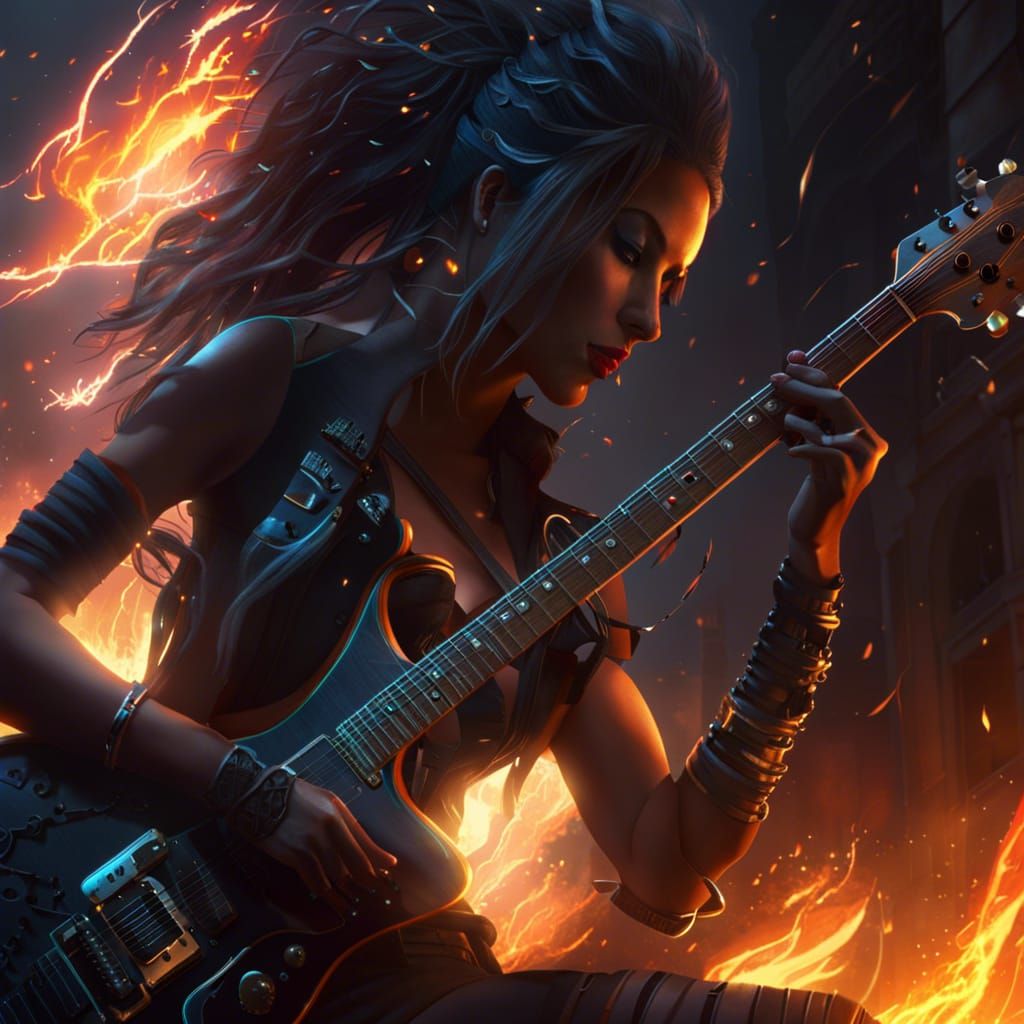 Post-Apocalyptic Guitarist in Burning City, Dark Fantasy Art