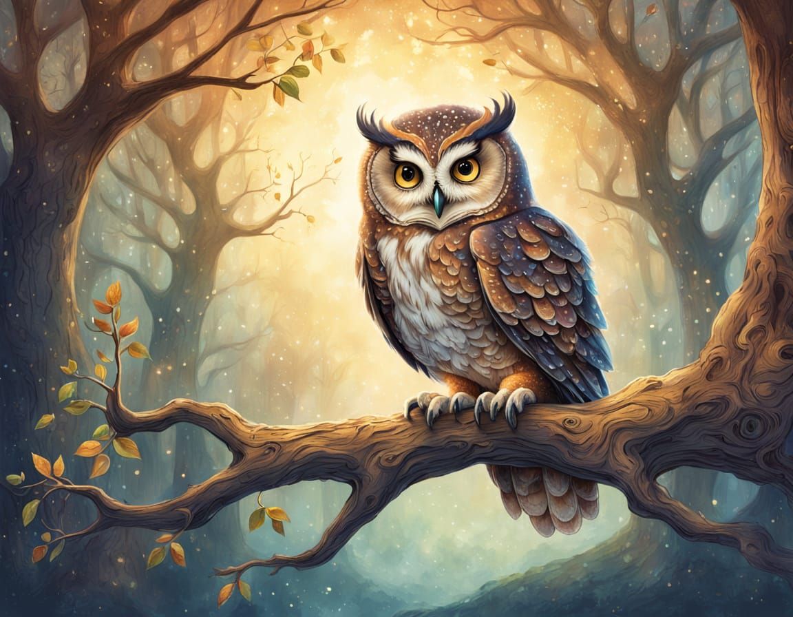 Wise Owl in Enchanted Forest Storybook Art