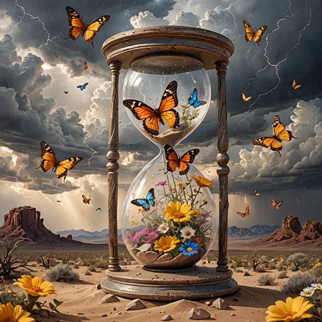 Surreal Hourglass in Desert with Storm and Flowers