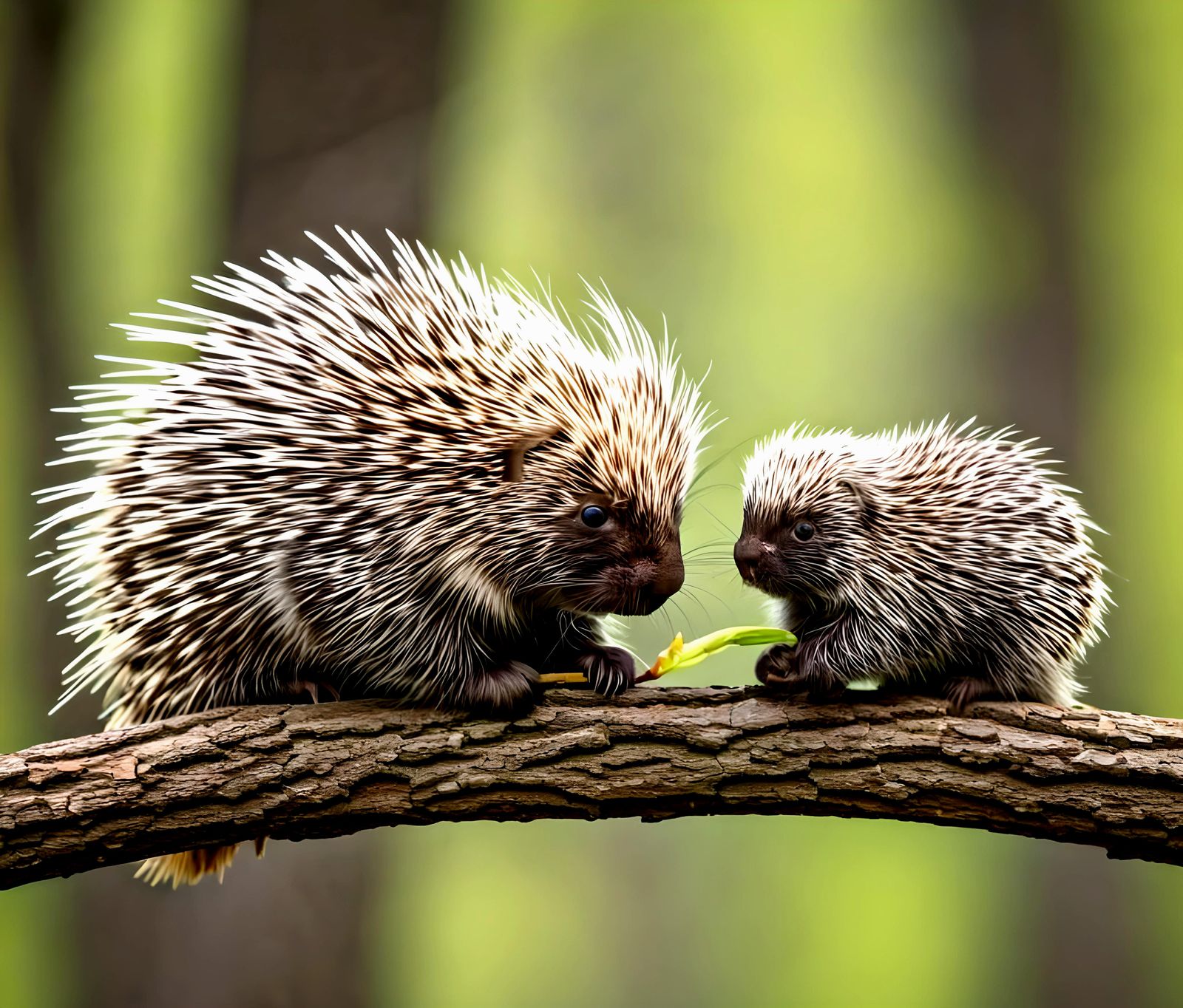 Mother and Baby Porcupines Foraging in Spring Forest