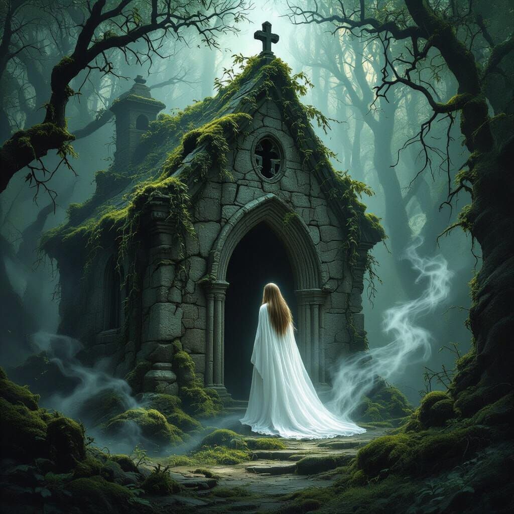 Ghostly Woman in Misty Woodland Chapel