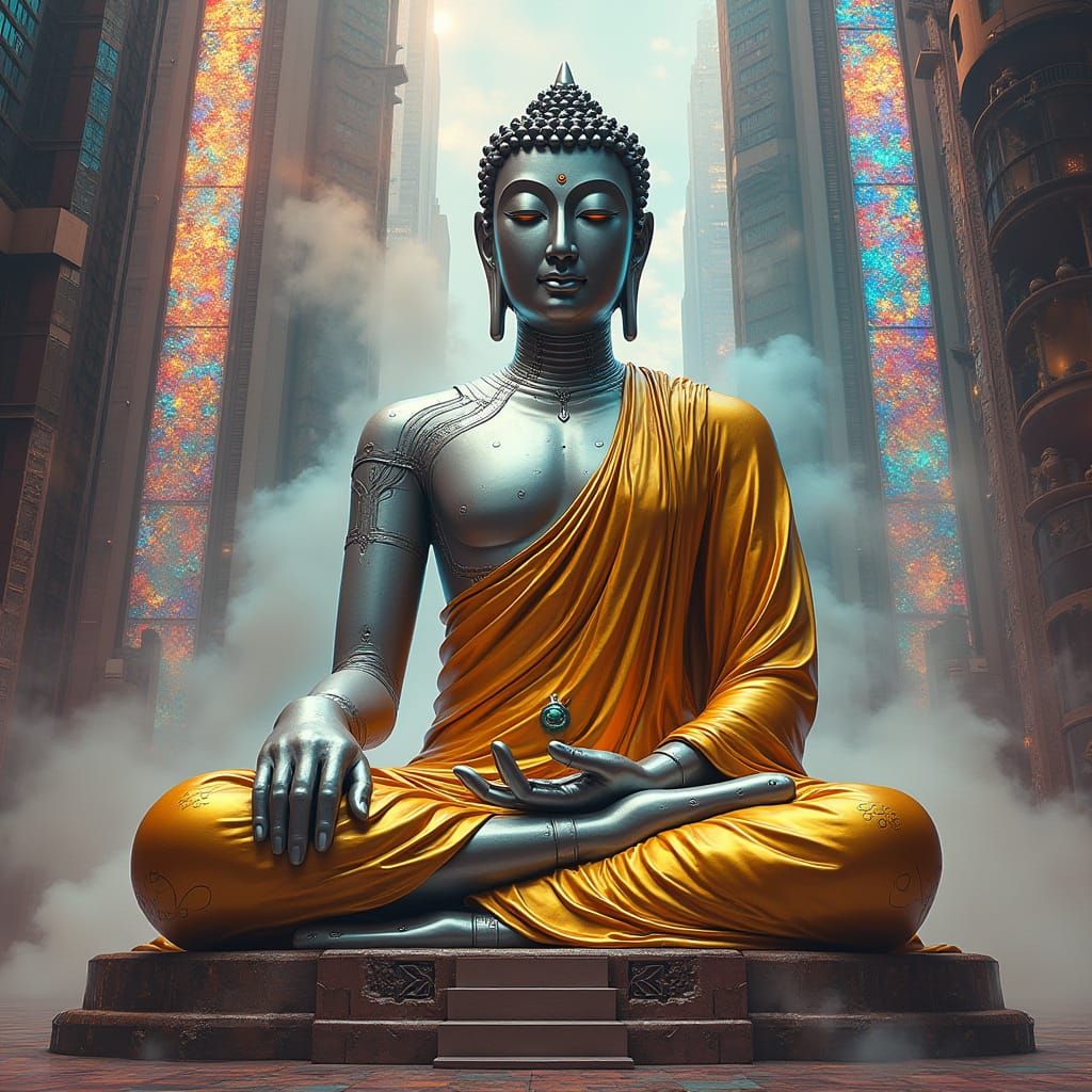 Cyborg Buddha Meditates in Psychedelic Cityscape