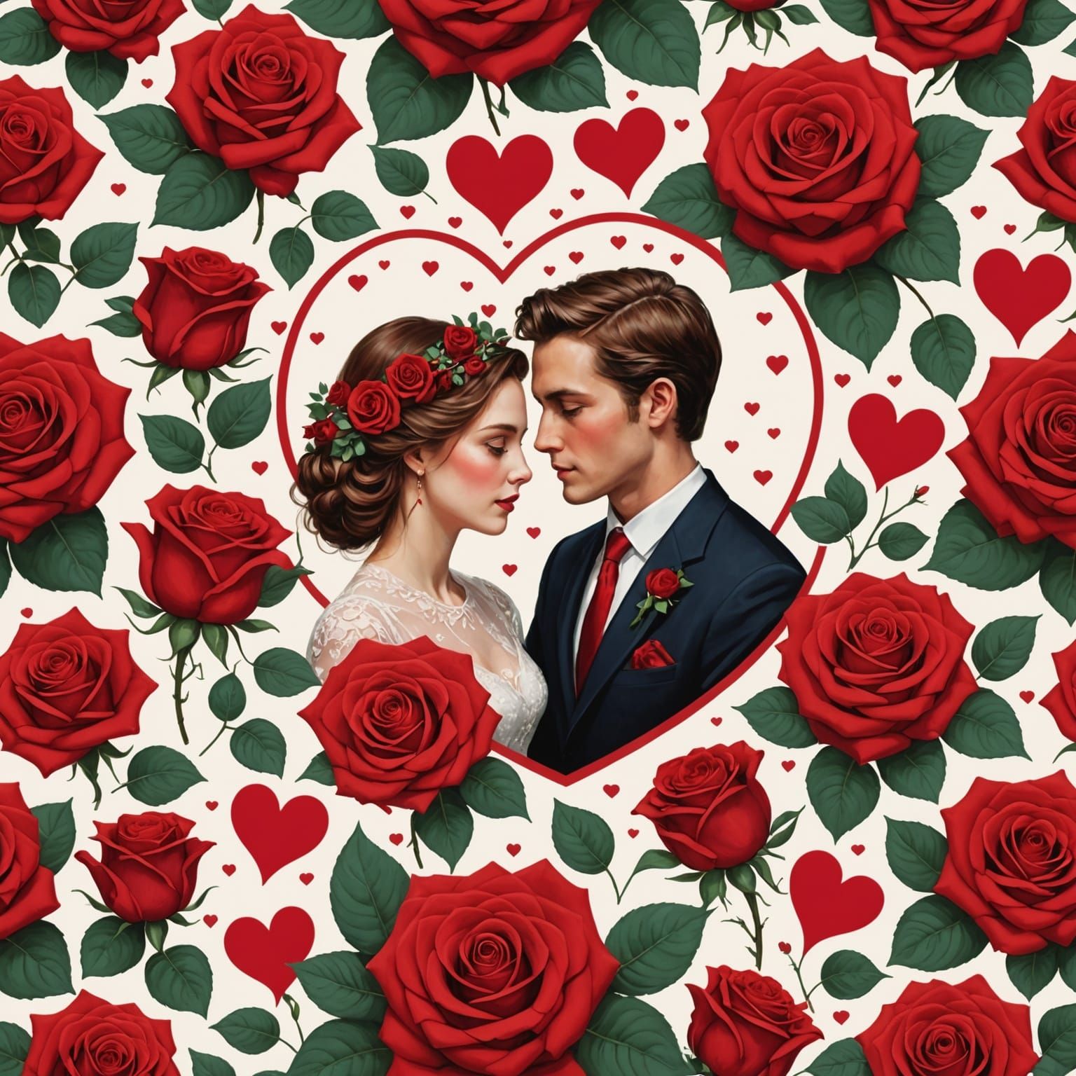 Romantic Couple Surrounded by Vibrant Red Roses and Hearts