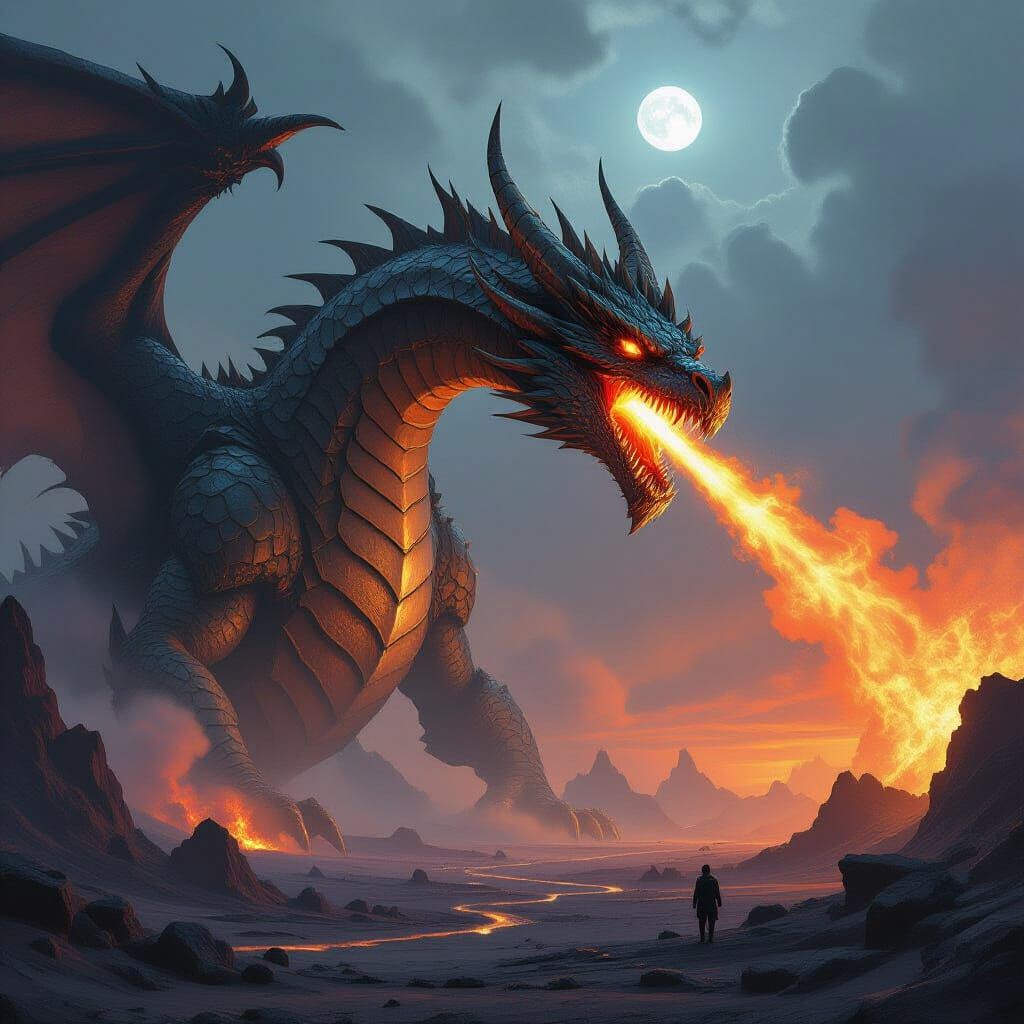 Gigantic Dragon on Volcanic Planet in Dystopian Sci-Fi Style