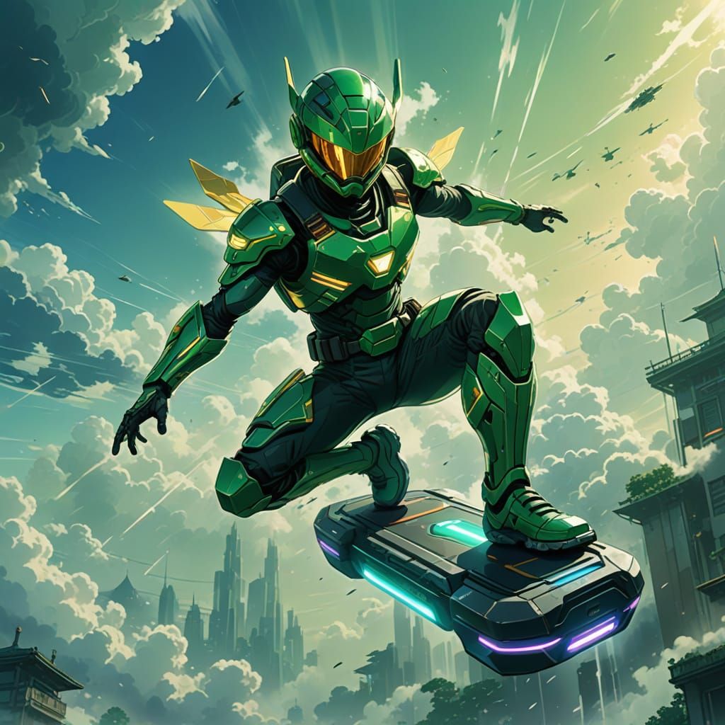 Cyberpunk Warrior Soars Through Misty Skies on Flying Hoverb...