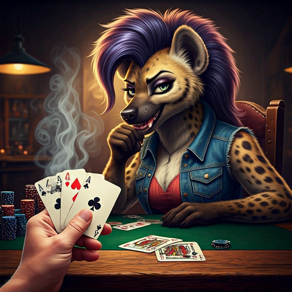 Anthropomorphic Hyena Poker Game in Photorealistic Style
