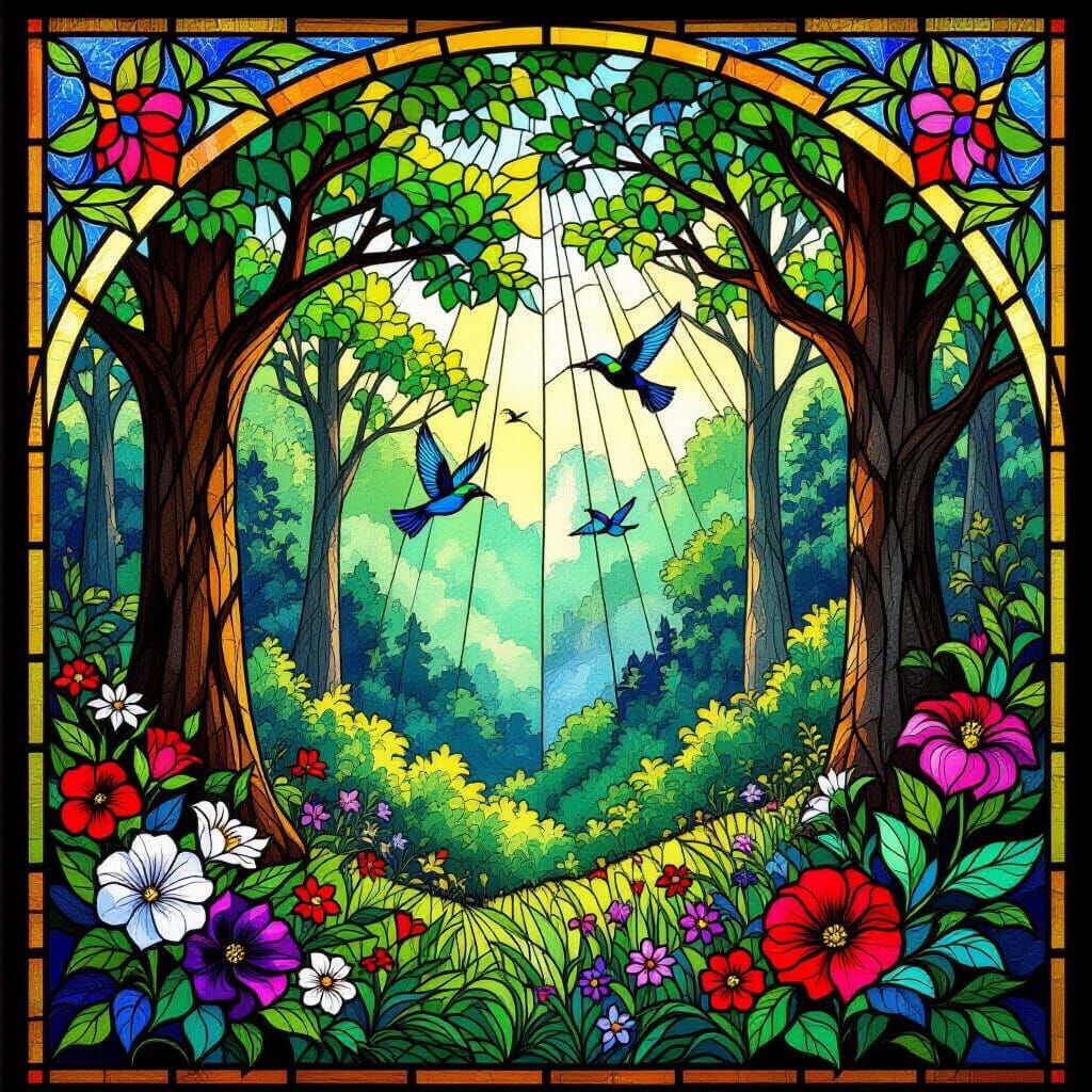 Vibrant Stained Glass Forest Scene with Birds and Flowers