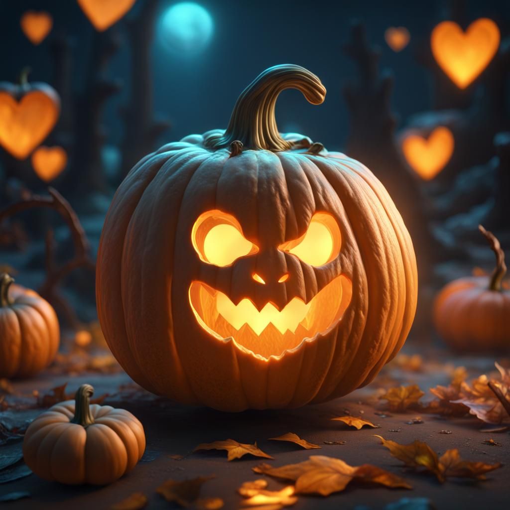 Bioluminescent Heart-Carved Pumpkin in Detailed Matte Style