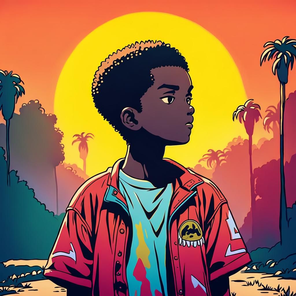 Somber 90s Boy with Shaved Head in Cinematic Lighting